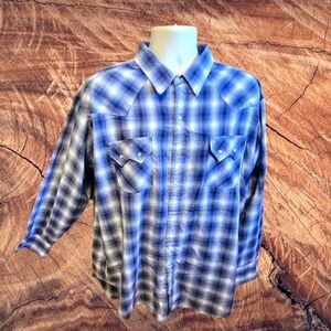 Ely Cattleman Shirt Mens 2XL XXL Blue Plaid cowboy Pearl Snap Western Rancher T2